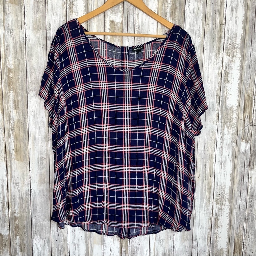 Torrid Harper Georgette Plaid Blouse 1X Blue Red Flutter Sleeve Flow Lightweight - Picture 2 of 7